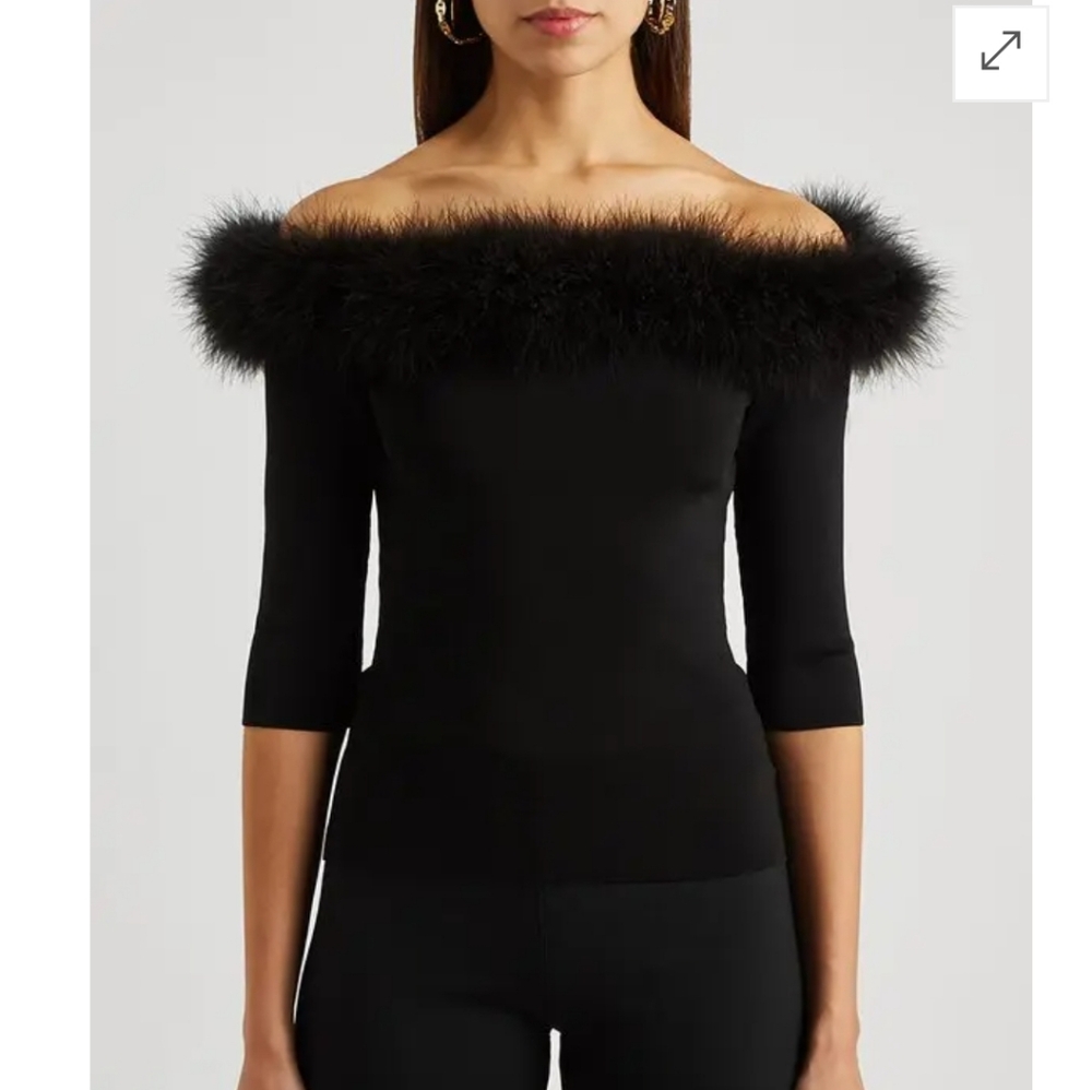 Saint Laurent Black Off-Shoulder Stretch-Knit Feather Trimmed Top